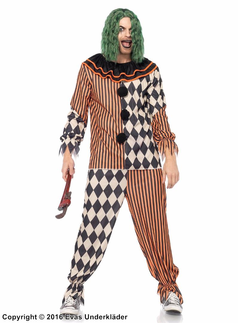 Joker, maskeraddräkt med topp och byxor, pom pom-knappar, harlekin med ränder och rutor